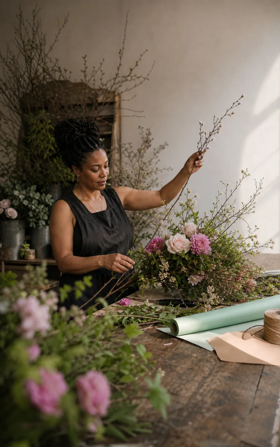 Florist thoughtfully arranging flowers in her studio