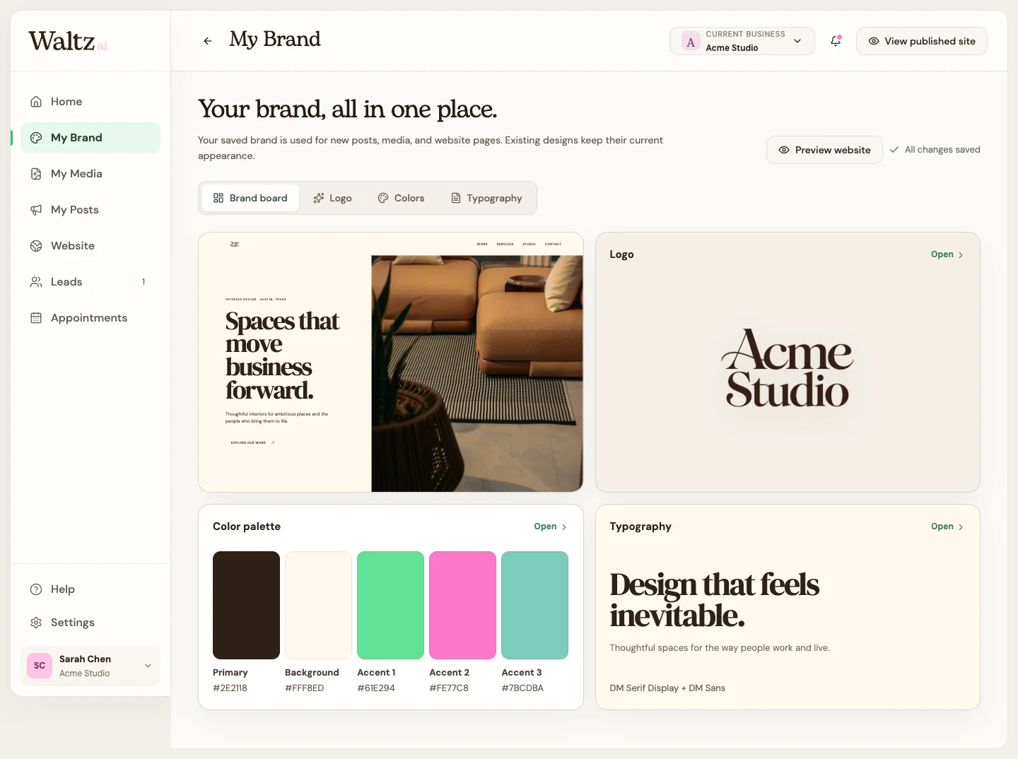 The Brand board gives you an overview before you make changes.
