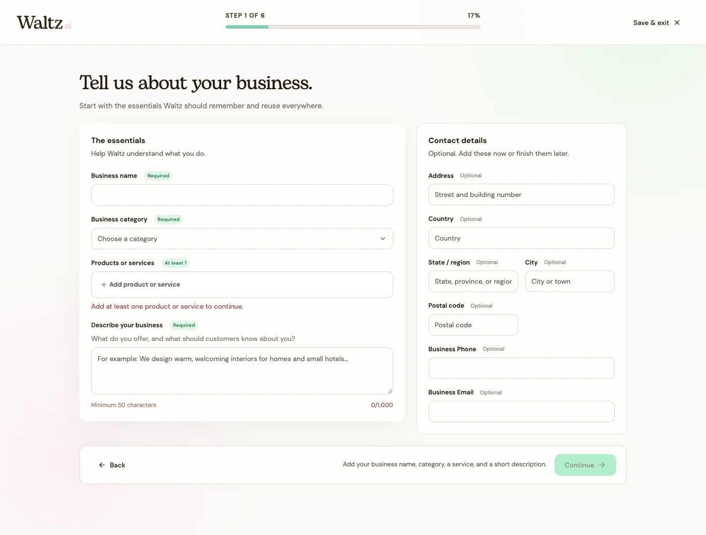 Steps 1–4: the essentials and optional contact details.