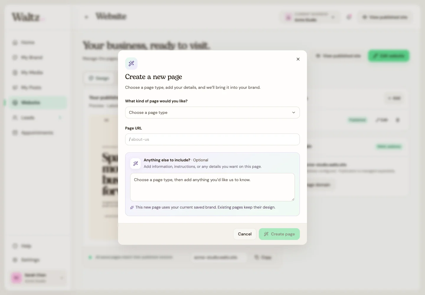 Choose the page type before entering the details.