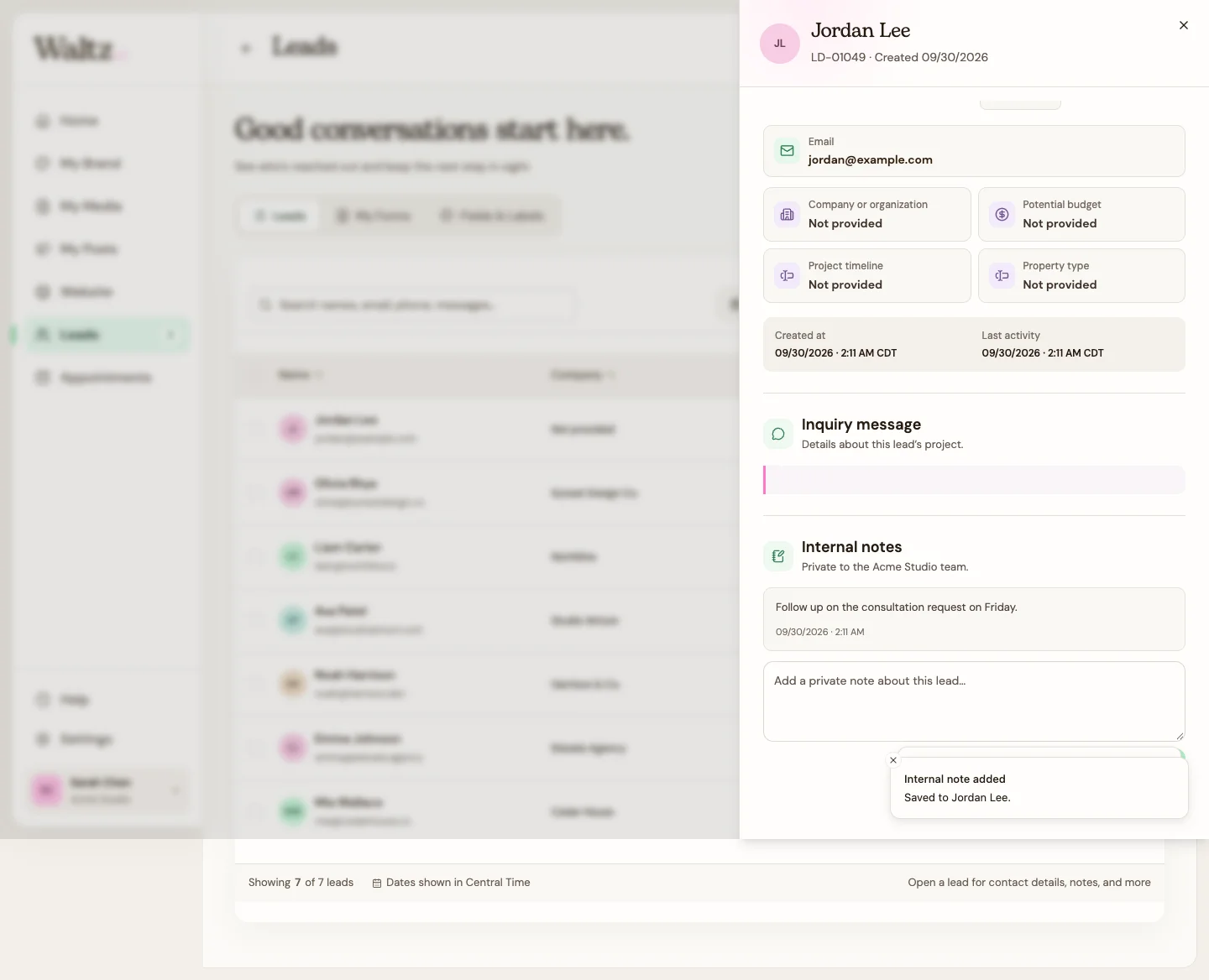 Save a private note with your next action.