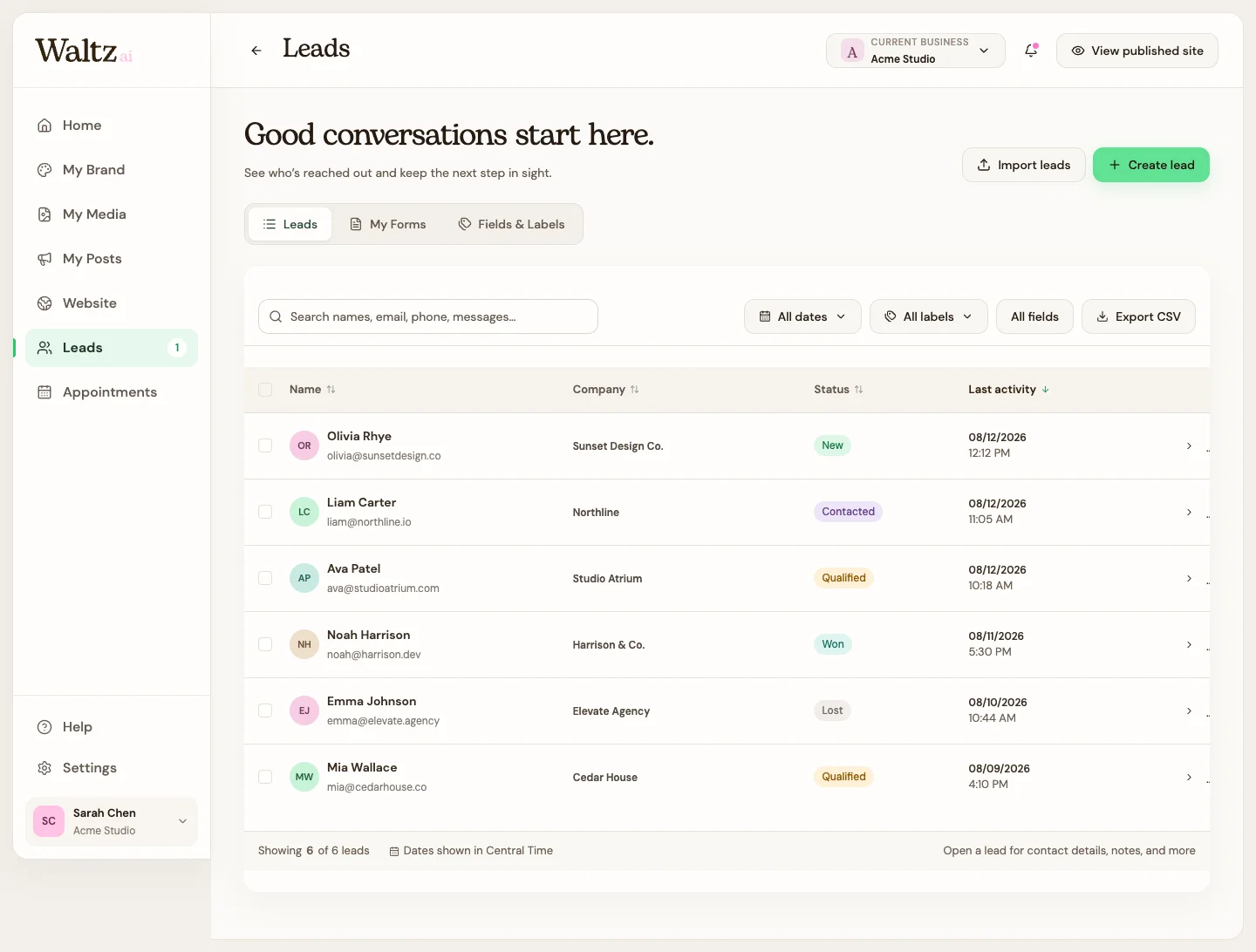 Find a lead in the list and open its details.