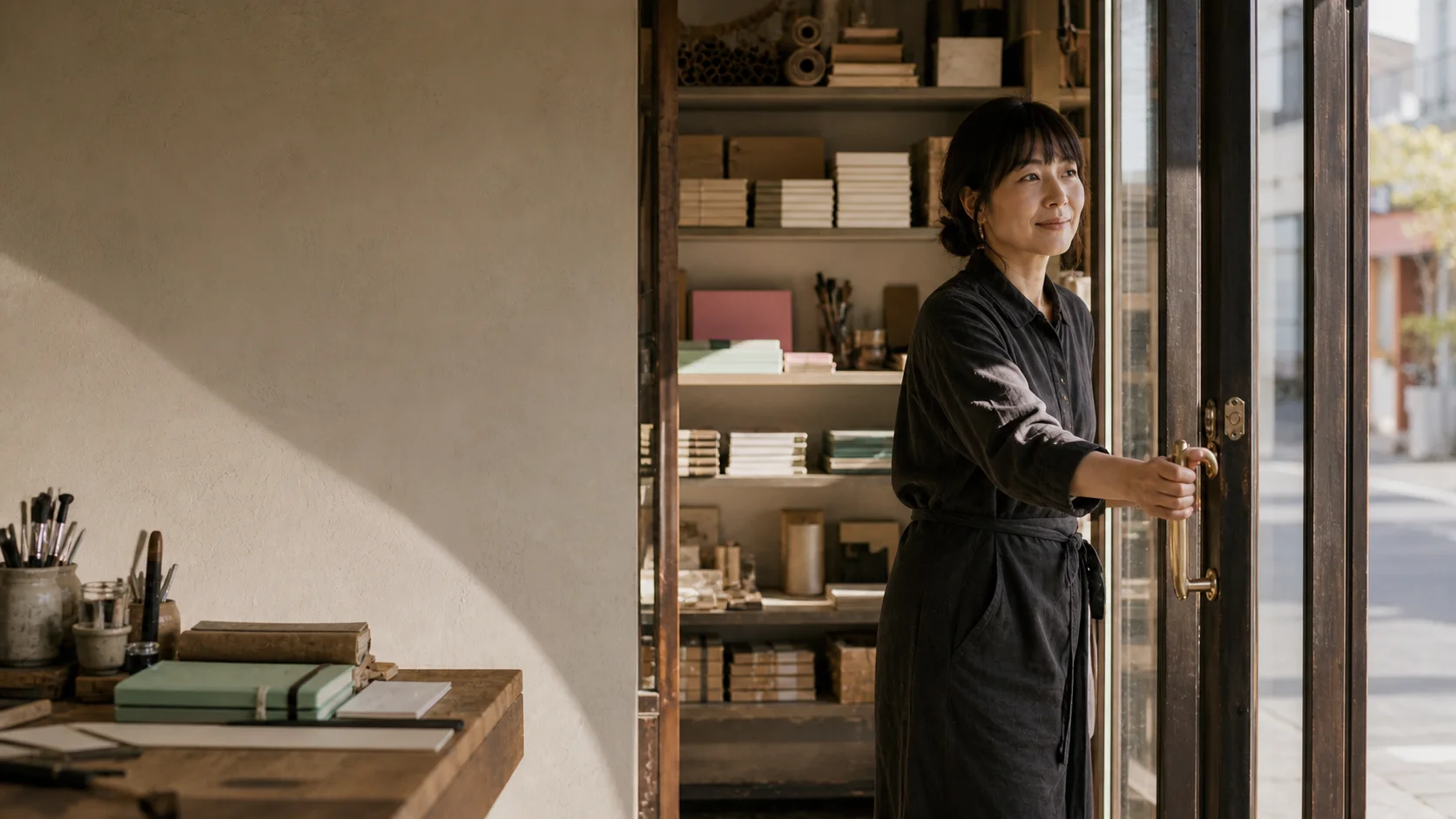 A stationery shop owner opening the door to begin the day